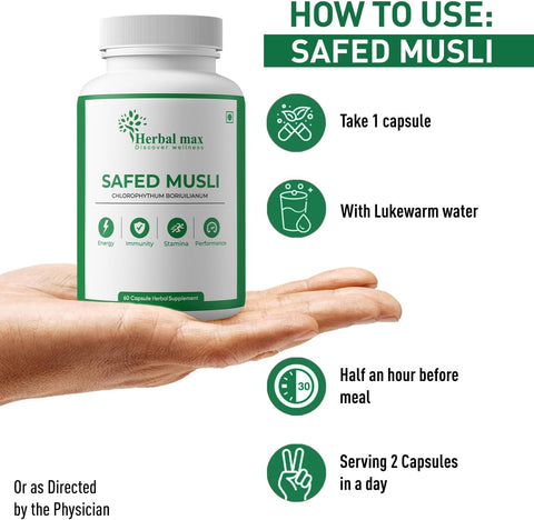 Herbal max Safed Musli (Chlorophytum Boriuilianum) Helps to Provide Energy | Stamina & Strengthen | Boots Immunity - 800 mg, 60 Capsules