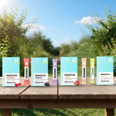 Full Variety Pack: Humantra Electrolyte Berry Pomegranate 70g + Humantra Electrolyte Elderberry 90g + Humantra Electrolyte Himalayan Lime 72g + Humantra Electrolyte Lychee flavour 80g