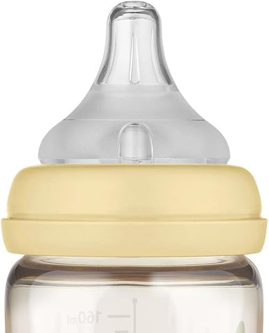 Moyuum PPSU All-in-One Feeding Baby Bottle with Nipple 170ml (0-3 months) - Anti Colic, BPA Free & Easy Clean Wide-Neck Non-Tip Stable Base - Liama Edition - Beige