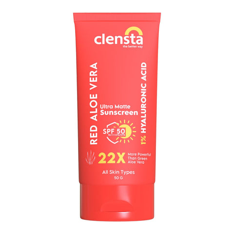 Ultimate Glow & Sun Defense : Clensta Red Aloe Vera Daily Matte Sunscreen SPF50 50gm (CLP084) and PILGRIM Natural Vitamin C Face Serum 30 ml