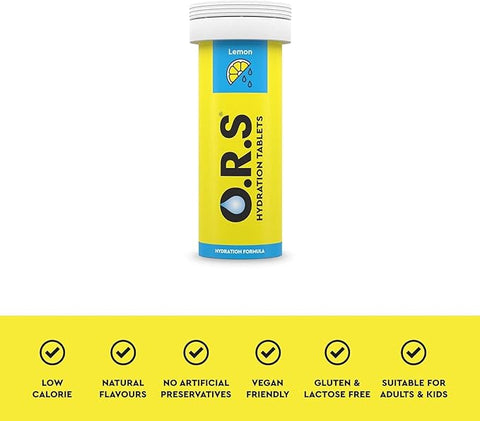 O.R.S Hydration Tablets with Electrolytes Natural Lemon Flavour, 72 Tablets (Pack of 6 x12)