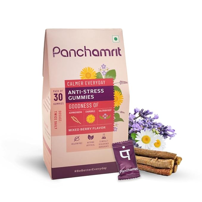 Panchamrit Anti-stress Gummies, enriched with Ashwagandha, Chamomile and Valerian Root | Reduces stress levels, sharpens focus, and improves sleep quality | 30 Gummies