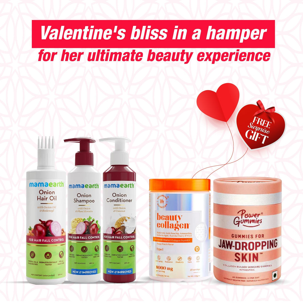 Mamaearth Anti Hair Fall Spa Kit Oil +Shampoo + Onion + Power Gummies Jaw Dropping Skin + Beauty Collegen