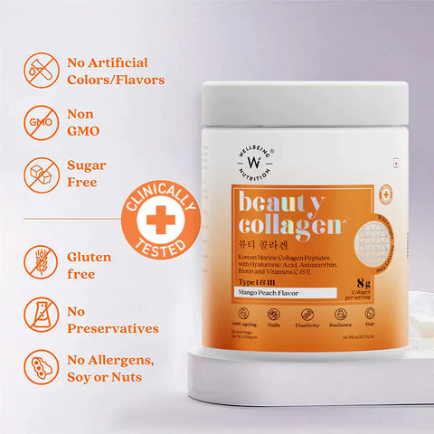 Wellbeing Nutrition Beauty Japanese Marine Collagen Peptides, 250 Gms + FREE Plix Flaunt Your Hair Orange Burst 15 Effervescent Tablets Combo