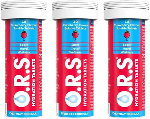 O.R.S Hydration Tablets with Electrolytes, Vegan, Gluten and Lactose Free Formula – Soluble Sports Hydration Tablets with Natural Strawberry Flavour, 36 Tablets (Pack of 3 x 12)