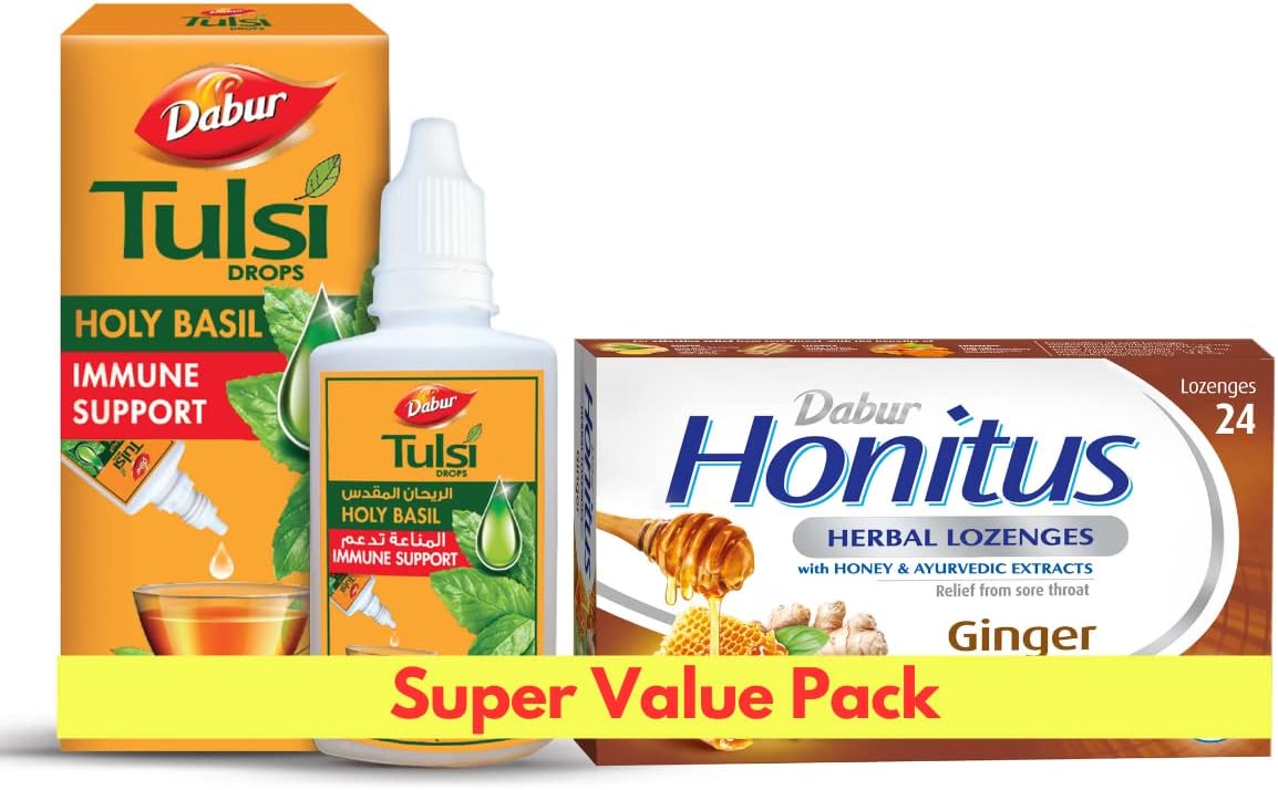 Dabur Herbal Honitus Lozenges - Ginger - 24 pieces + Dabur Tulsi Drops - 30 ml Combo Set