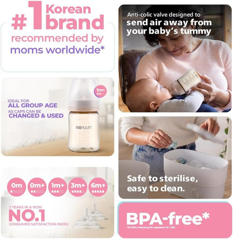 Moyuum PPSU All-in-One Feeding Baby Bottle with Nipple 170ml (0-3 months) - Anti Colic, BPA Free & Easy Clean Wide-Neck Non-Tip Stable Base - Dear Dear Edition - Mint