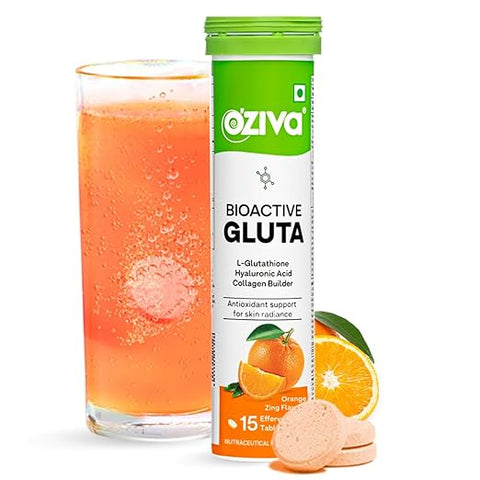 Oziva Bioactive Glutathione Tablets For Radiant Skin - 15 Effervescent Tablets | L-Glutathione, Lycopene, Vitamin C For Skin Glow & Anti-Pigmentation|Orange