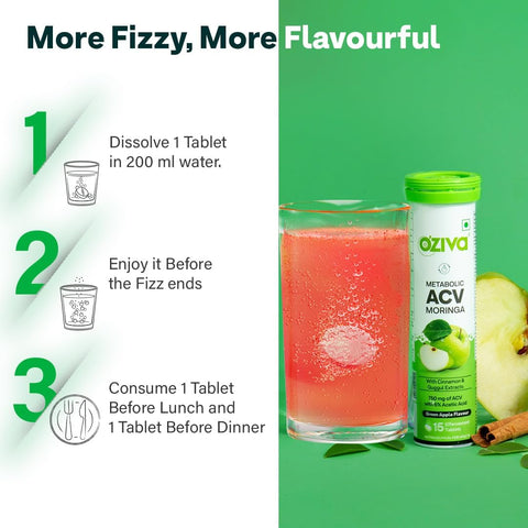 Oziva Acv Moringa|Control Cravings I Apple Cider Vinegar, Cinnamon, Guggul I No Maltodextrin & No Added Sugar I 15 Effervescent Tablets - Green Apple, 15 Capsules