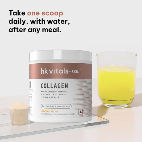 HK Vitals Marine Collagen Supplement (Lemon, 200G) | Vitamin C, E, Sodium Hyaluronate | For Healthy Skin, Hair & Nails