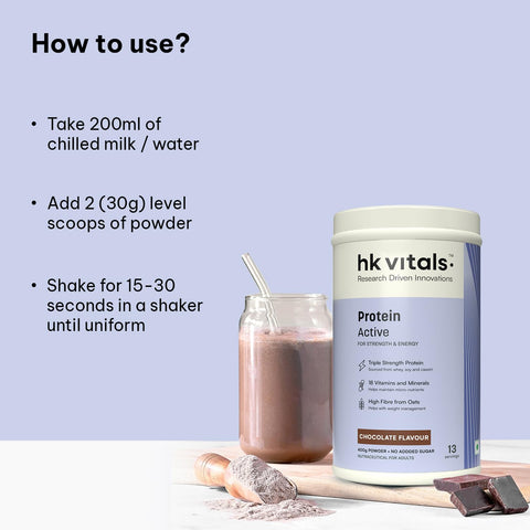 HK Vitals Protein Active (Chocolate, 400G / 0.88Lbs) | All In One Triple Strength Protein | For Immunity And Stress-Relief