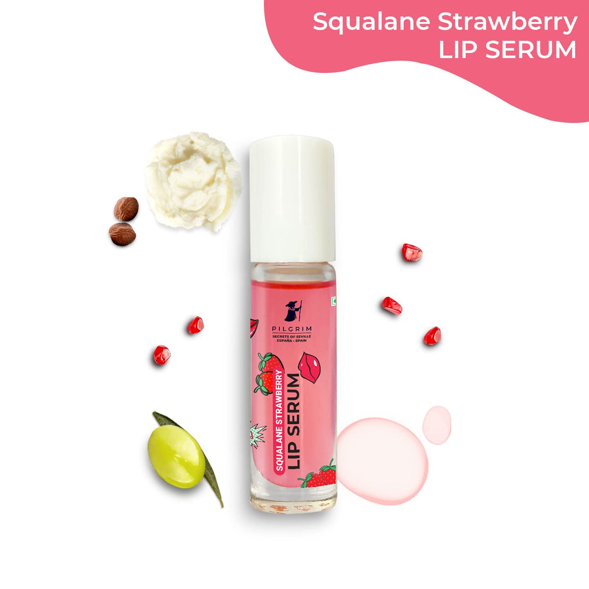 Pilgrim Squalane Lip Serum (Strawberry) with roll-on for Visibly Plump Lips 6 ml