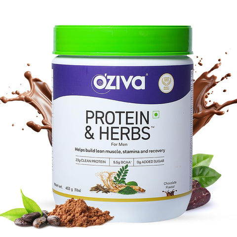 OZiva Protein & Herbs For Men, Chocolate Flavor, 500G Natural Protein Powder For Weight Control, Better Metabolism & Hormonal Balance, 23G Whey Protein, Ayurvedic Herbs, Certified Clean