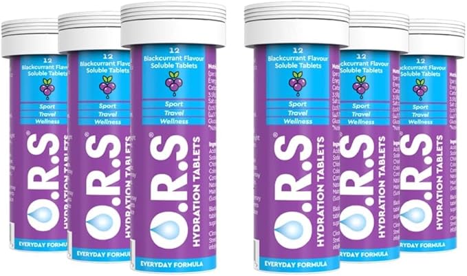 O.R.S Hydration Tablets with Electrolytes, Vegan, Gluten And Lactose Free Formula – Soluble Hydration Tablets with Natural Blackcurrant Flavour, 72 Tablets (Pack of 6 x 12)