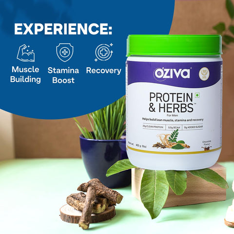 OZiva Protein & Herbs For Men, Chocolate Flavor, 500G Natural Protein Powder For Weight Control, Better Metabolism & Hormonal Balance, 23G Whey Protein, Ayurvedic Herbs, Certified Clean