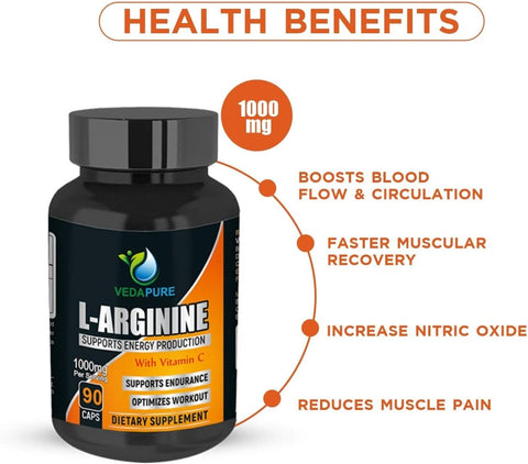 VedaPure Natural L-Arginine (درجة A+ ممتازة) - 90 كبسولة