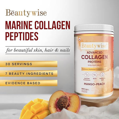 Beautywise Advanced Marine Collagen Proteins Powder With Hyaluronic Acid, Glutathione & Biotin (Mango-Peach) 250G