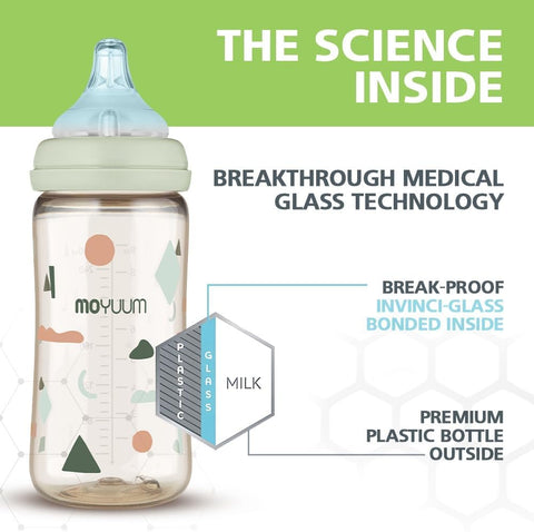 Moyuum PPSU All-in-One Feeding Baby Bottle with Nipple 270ml (+3 months) - Anti Colic, BPA Free & Easy Clean Wide-Neck Non-Tip Stable Base - Cat Edition Grey