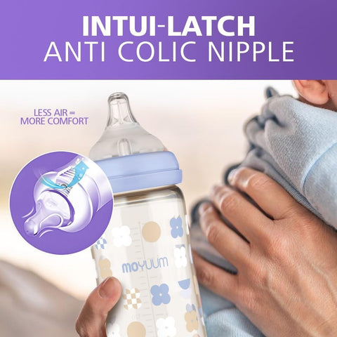 Moyuum PPSU All-in-One Feeding Baby Bottle with Nipple 270ml (+3 months) - Anti Colic, BPA Free & Easy Clean Wide-Neck Non-Tip Stable Base - Liama Edition - Beige