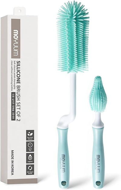 Moyuum Silicone Bottle Cleaning Brush Set Spong Bottle & Nipple Brus with 360° Rotating Handle – Soft, Scratch-Free Bristles for Baby Bottles, Nipples & Glasses, Quick-Drying and Durable (Mint)