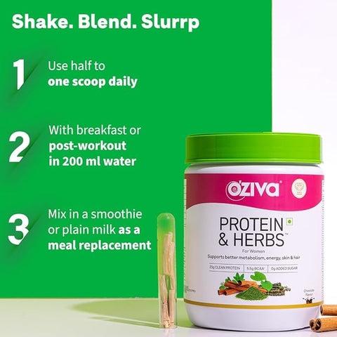 Oziva Protein & Herbs For Women,Â Chocolate Flavor, 500G Natural Protein Powder For Weight Control, Better Metabolism & Hormonal Balance, 23G Whey Protein, Ayurvedic Herbs, Certified Clean