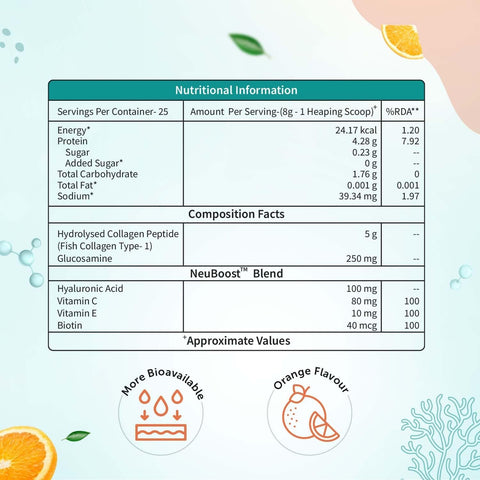 Neuherbs Skin Glow Marine Collagen Powder Supplement For Men & Women - 200g (Orange Flavour)