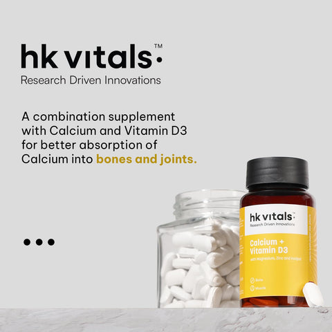 HK Vitals Calcium + Vitamin D3 Supplement For Women & Men (90 Tablets) | With Magnesium & Zinc | For Complete Bone Health & Joint Support