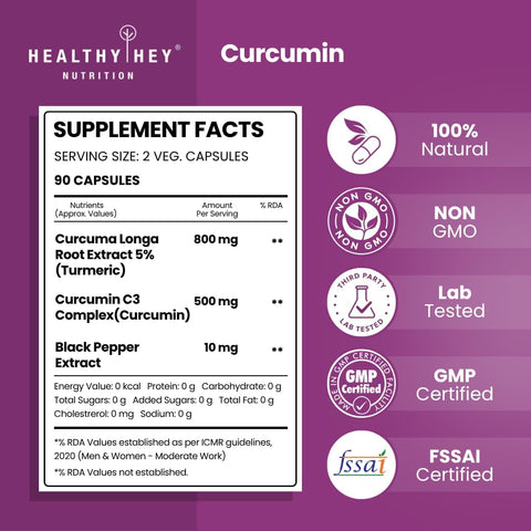 HealthyHey Curcumin with Bioperine - Organic Turmeric, 1310mg, 90 Veg Capsules