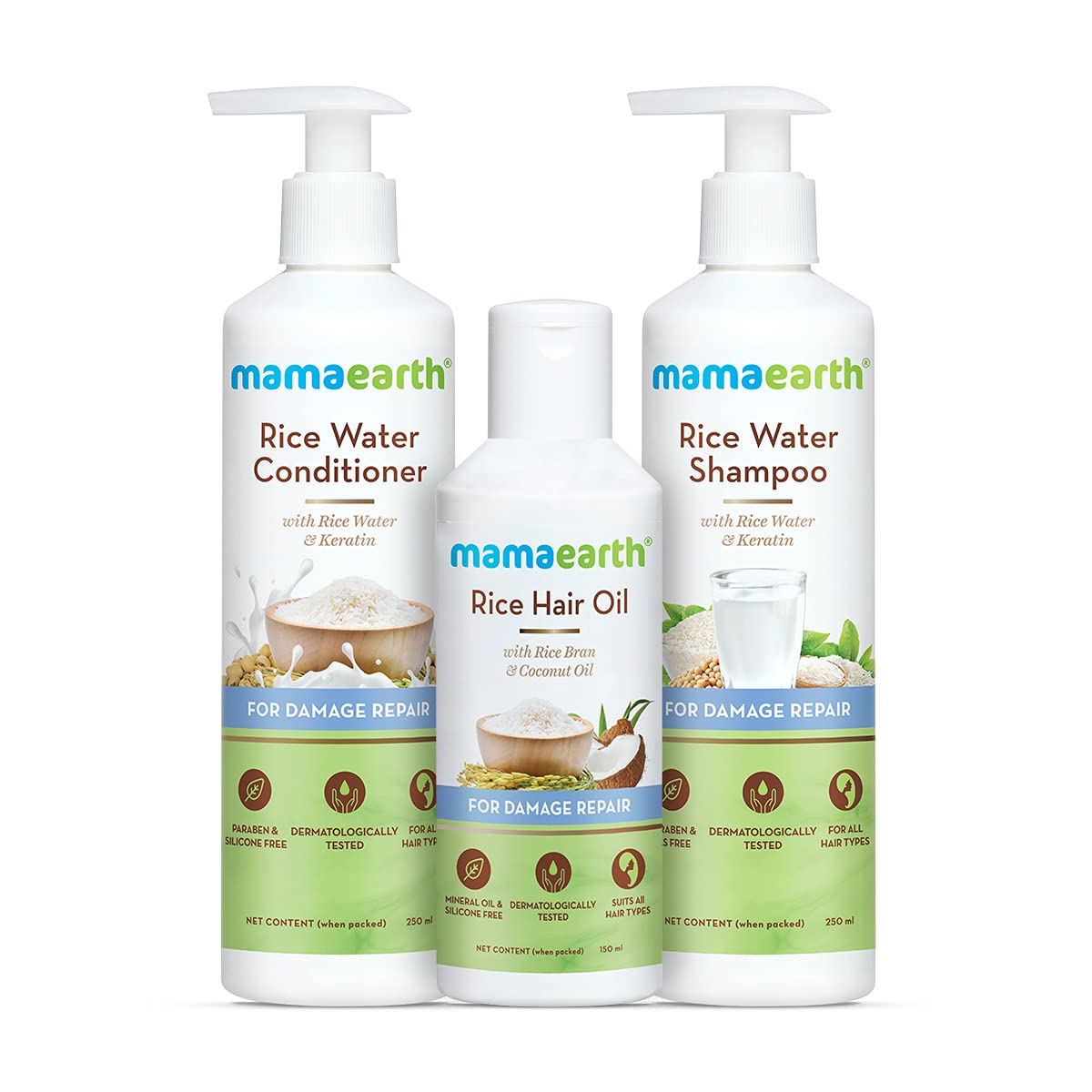 MAMAEARTH Rice Hair Oil 150ml with Rice Water Shampoo 250ml and Rice Water Conditioner - 250ml