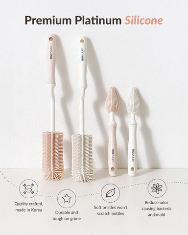 Moyuum Silicone Bottle Cleaning Brush Set Spong Bottle & Nipple Brus with 360° Rotating Handle – Soft, Scratch-Free Bristles for Baby Bottles, Nipples & Glasses, Quick-Drying and Durable (Grey)