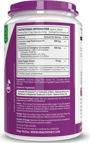 HealthyHey Curcumin with Bioperine - Organic Turmeric, 1310mg, 90 Veg Capsules