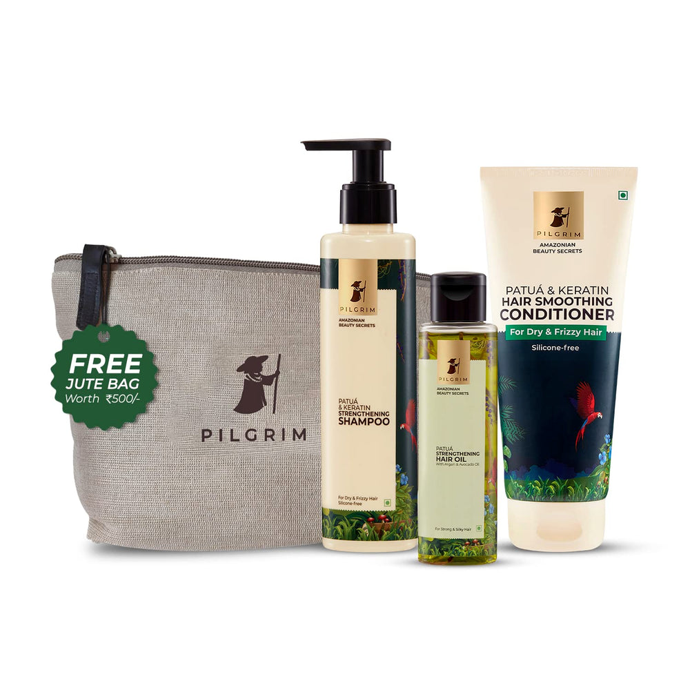 Pilgrim Amazonian Patu‡ Hair Essentials Ritual for Frizzy Hair with FREE JUTE BAG |Patu‡ Hair Serum (115 ml) + Patu‡ & Keratin Shampoo (200 ml) + Patu‡ & Keratin Conditioner (200 ml)|Healthy shiny hair.