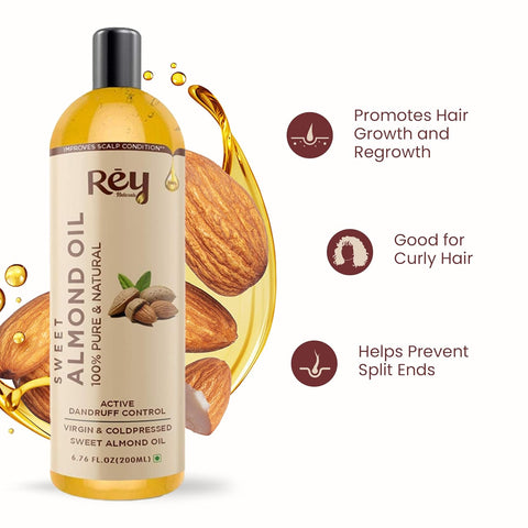 Rey Naturals Pure & Natural Sweet Almond oil - Virgin & Cold pressed 200 ml