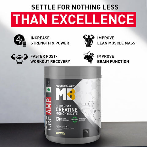MuscleBlaze Creatine Monohydrate (Unflavoured, 0.55lbs / 250g) 50 Servings