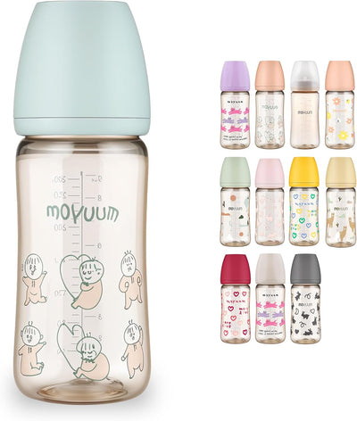 Moyuum PPSU All-in-One Feeding Baby Bottle with Nipple 270ml (+3 months) - Anti Colic, BPA Free & Easy Clean Wide-Neck Non-Tip Stable Base - Dear Dear Edition - Mint