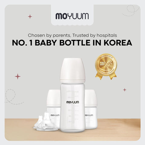 Moyuum PPSU Glass Feeding Baby Bottle with Nipple 240ml (+3 months) - Anti Colic, BPA Free & Easy Clean Wide-Neck Non-Tip Stable Base - Natural Plain Edition
