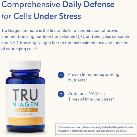 TRU NIAGEN Immune Support Supplement - Daily Defense - Vitamin C from Fermentation, Vegan Vitamin D3 2000 IU, Zinc, Plus Theracurmin (Curcumin) + Multi Award-Winning NAD Boosting Niagen 150mg 30ct