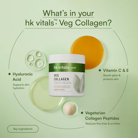 HK Vitals Veg Collagen Supplement Powder (Orange, 200G) | Collagen Peptides With Vitamin C, E | For Healthy Skin, Hair & Nails