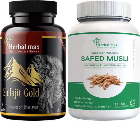 Herbal Max High Potency Shilajit Gold، 800 مجم وموصل الصفد، 800 مجم مصنوع من أعشاب عضوية تدعم القدرة على التحمل، وزيادة النشاط والحيوية، مجموعة 90 كبسولة