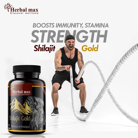 Herbal Max High Potency Shilajit Gold، 800 مجم وموصل الصفد، 800 مجم مصنوع من أعشاب عضوية تدعم القدرة على التحمل، وزيادة النشاط والحيوية، مجموعة 90 كبسولة