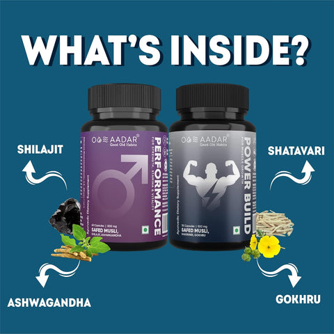 AADAR Ayurvedic Combo pack Performance Capsule & Power Build Capsule Helps in Muscle Growth & Improves strength Safed Musli, Ashwagandha, Shatavari,