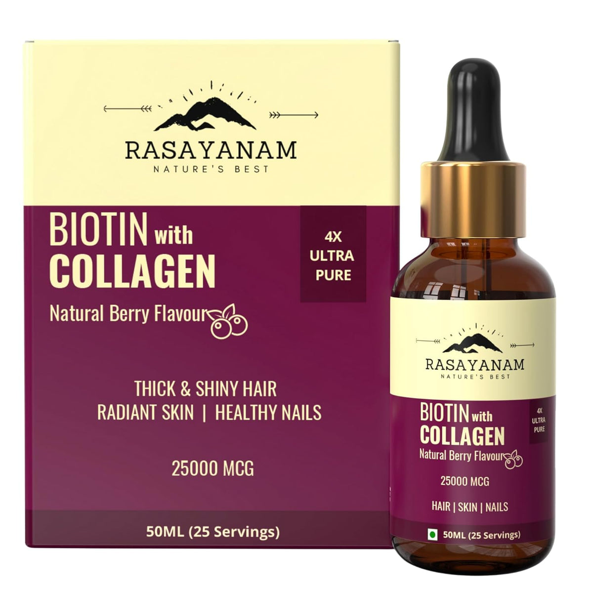 Rasayanam Liquid Biotin & Collagen Natural Berry Flavour 25000mcg 50ML