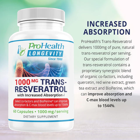 ProHealth Trans-Resveratrol 1000 - 60 Capsules Supports Healthy Ageing, Brain Health, Cardiovascular and Joint