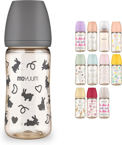 Moyuum PPSU All-in-One Feeding Baby Bottle with Nipple 270ml (+3 months) - Anti Colic, BPA Free & Easy Clean Wide-Neck Non-Tip Stable Base - Rabbit Edition - Grey