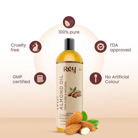 Rey Naturals Pure & Natural Sweet Almond oil - Virgin & Cold pressed 200 ml