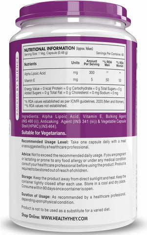HealthyHey Alpha Lipoic Acid - ALA- Pack of 60 Veg. Capsules - Gluten Free & Non-GMO, 133 grams