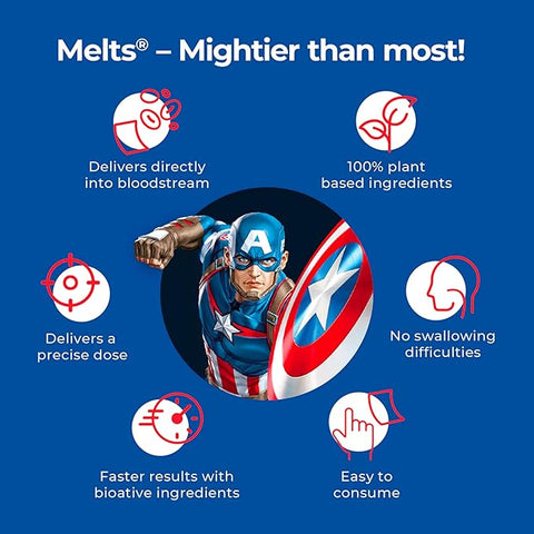 Wellbeing Nutrition Marvel Captain America Melts| Multivitamin for KidsTropical Berry Flavor (30 Oral Strips)