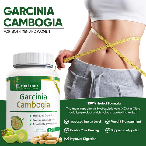 Herbal max Garcinia Cambogia Capsule with 70% HCA, Green Tea Extract, and Gugull Extract for Weight Management - 60 Capsule (Pack of 1)