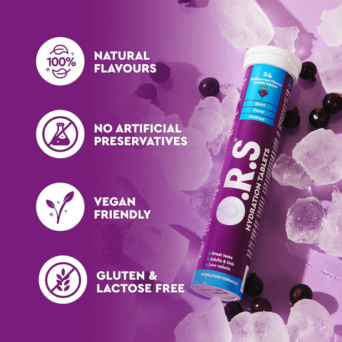 O.R.S Hydration Tablets with Electrolytes, Vegan, Gluten and Lactose Free Formula – Natural Blackcurrant Flavour, 96 Tablets (Pack of 4 x 24)