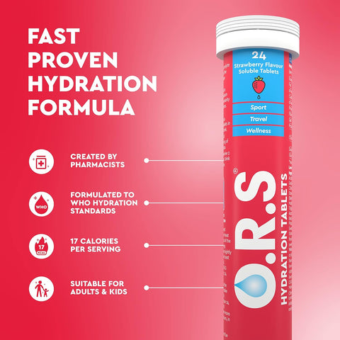 O.R.S Hydration Tablets With Electrolytes, Vegan, Gluten And Lactose Free Formula – Soluble Sports Hydration Tablets With Natural Strawberry Flavour, 72 Tablets (Pack Of 3 x 24)